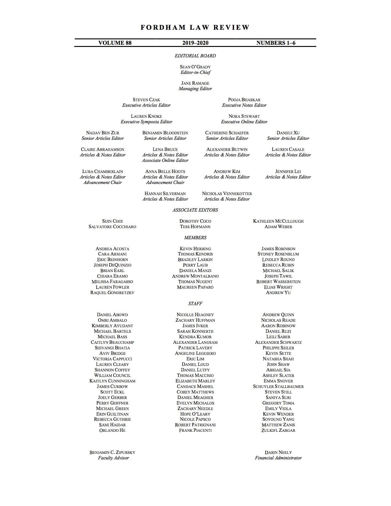 Masthead_Vol_88 Fordham Law Review